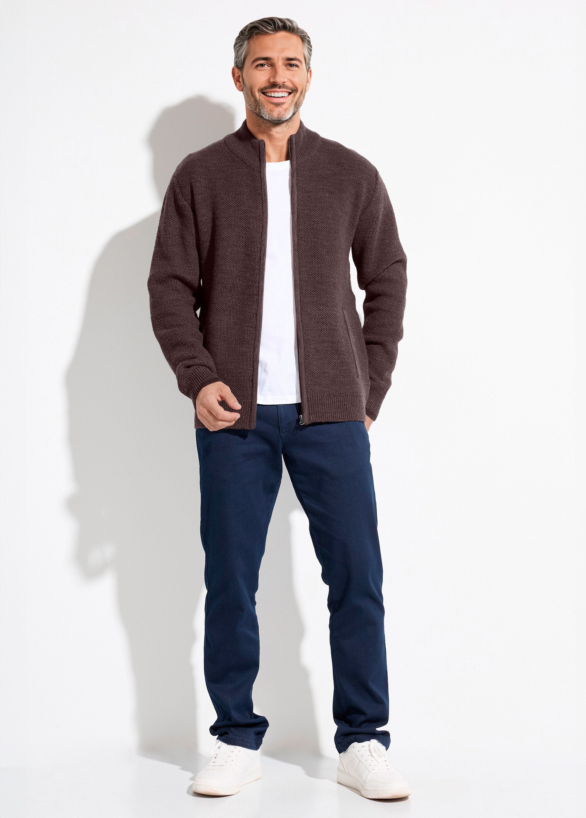 Zipped_cardigan_with_high_collar_in_heathered_wool_knit_Brown_SF1_slim