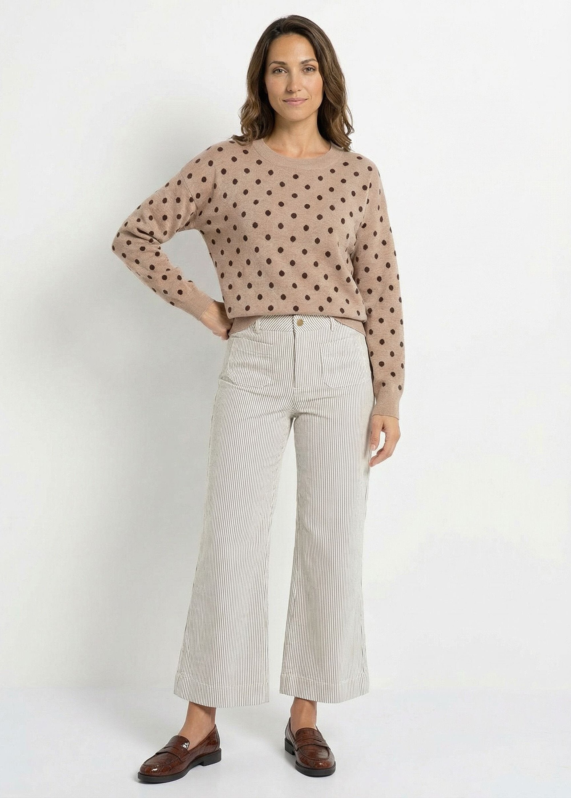 Pull_à_pois_col_rond,_maille_jacquard_Taupe_SF1_slim