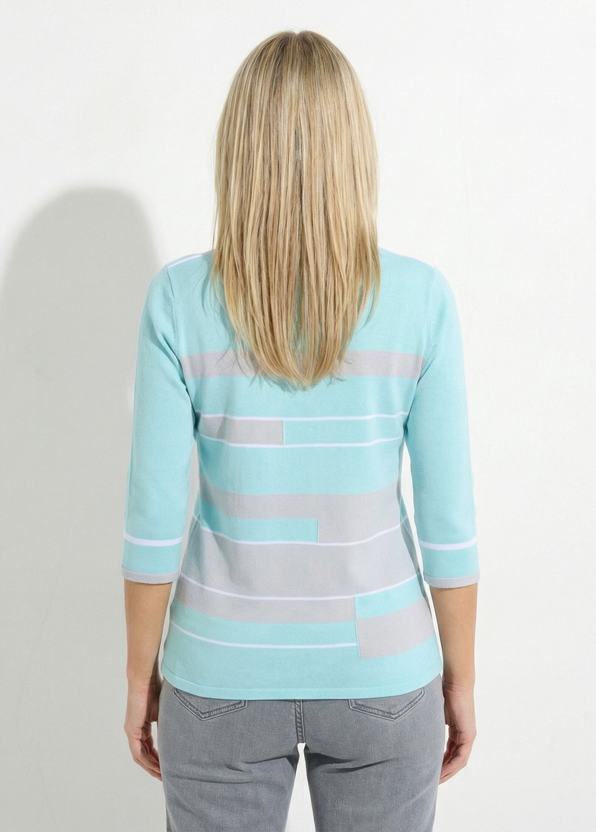 3/4_sleeve_boat_neck_sweater_with_striped_jacquard_front_Aqua_and_grey_DO1_slim