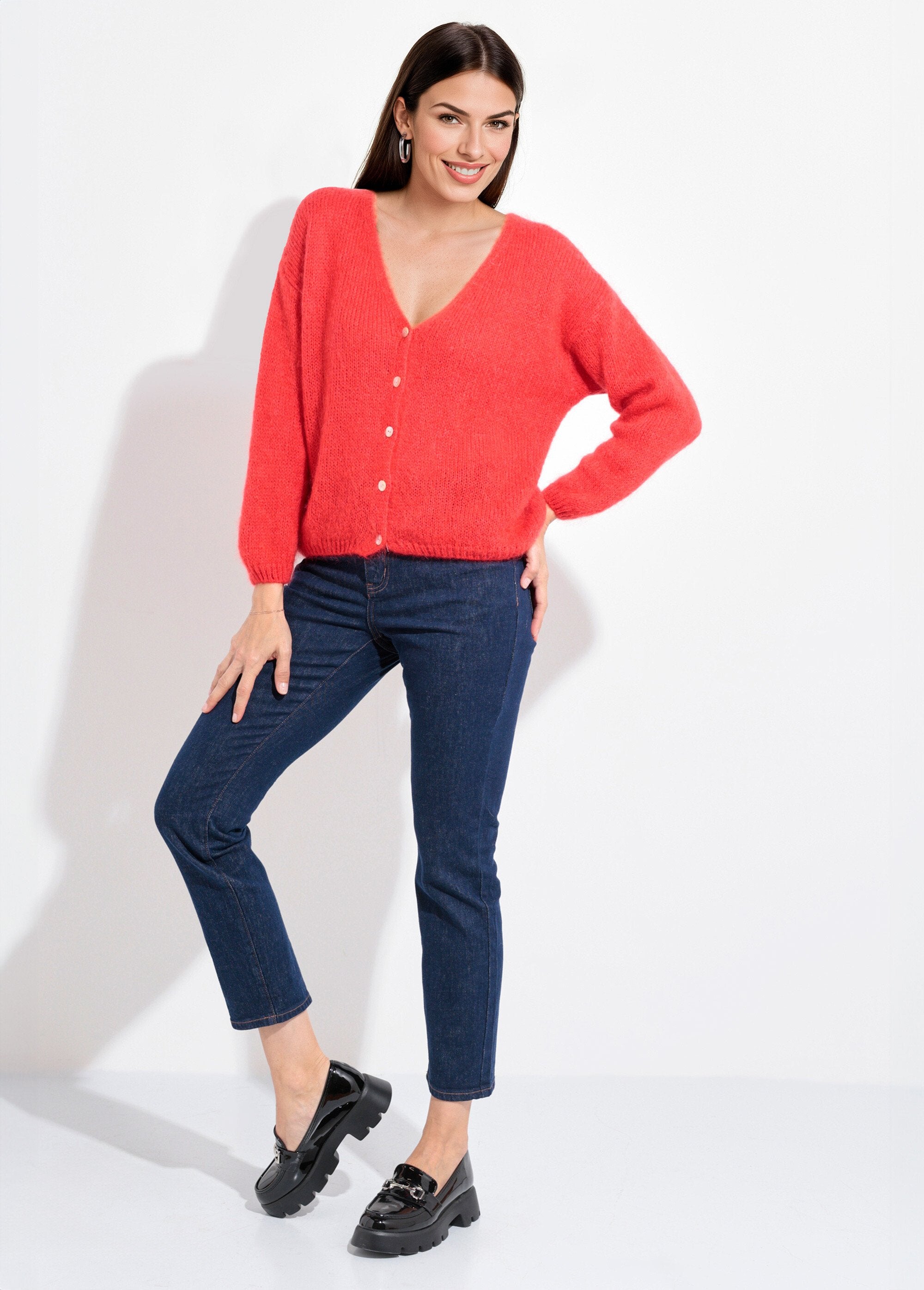 Gilet_chaud_maille_douce_mohair_col_V_Rouge_corail_SF1_slim
