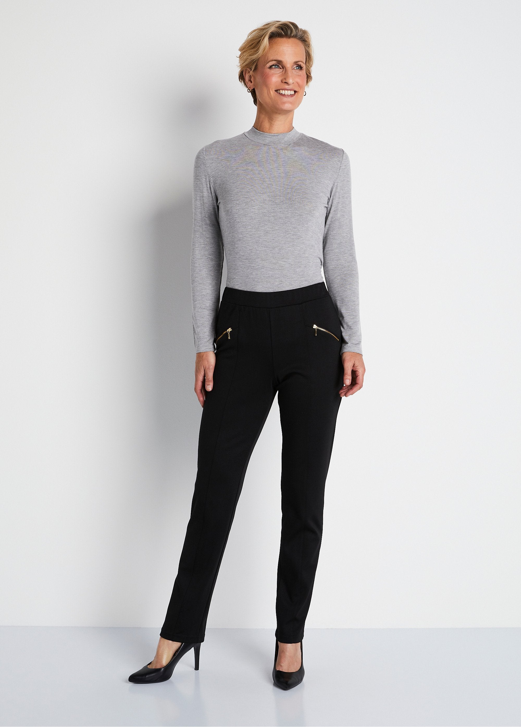 Milano_mesh_elasticated_waist_straight_pants_Black_SF1_slim