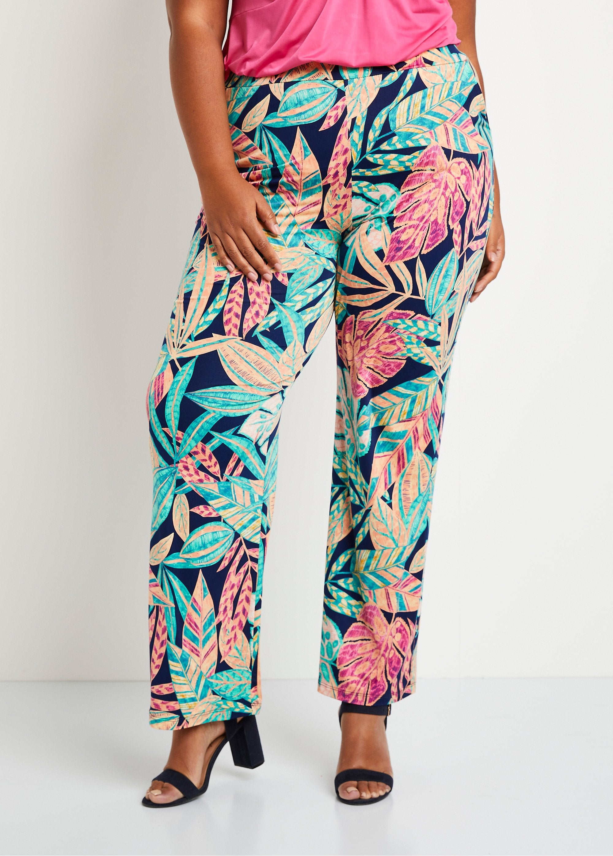 Wide_foliage_elasticated_belt_pants_Green_and_pink_FA1_curvy