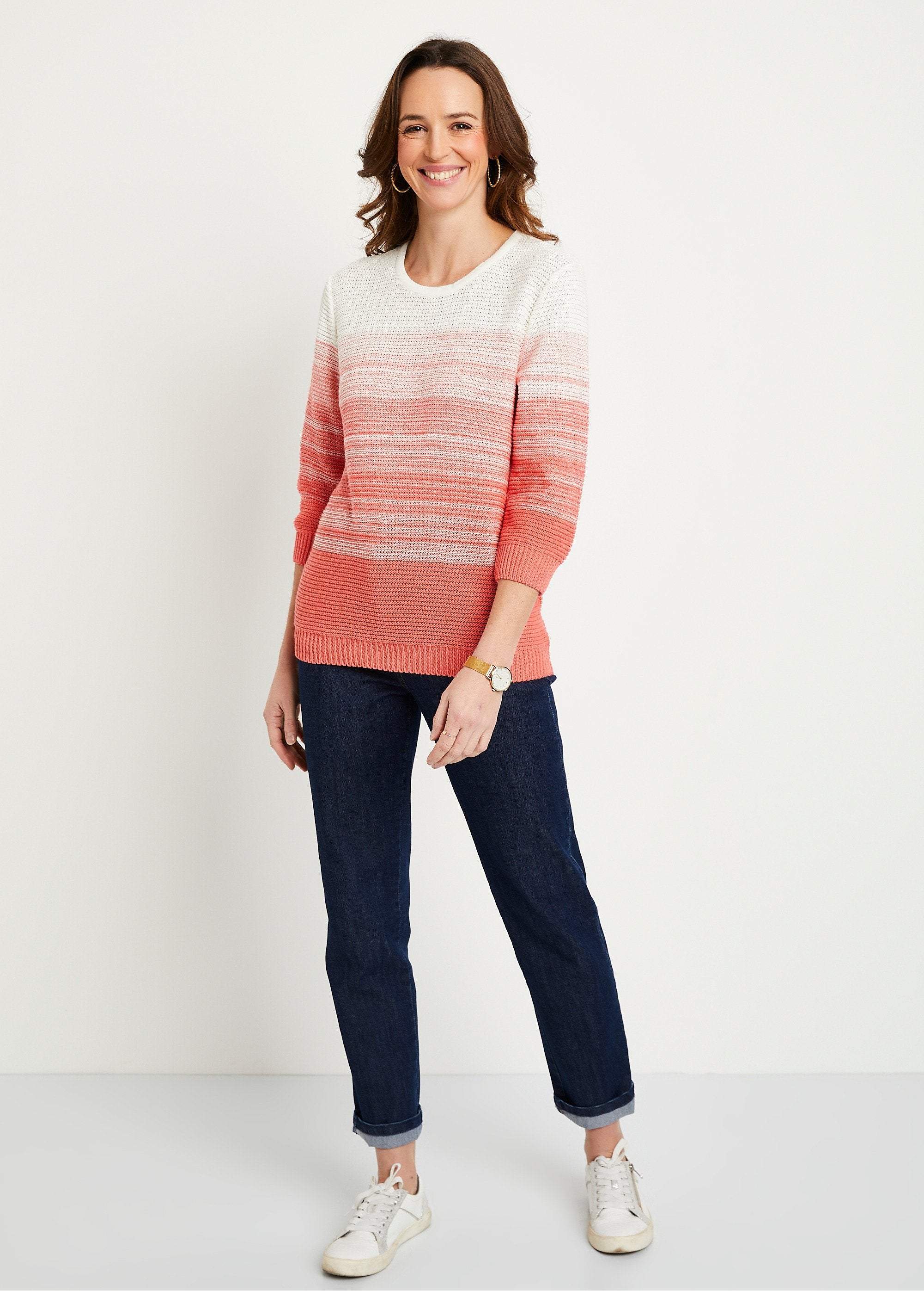 Soft_3/4_sleeve_cotton_sweater_White_and_coral_SF1_slim