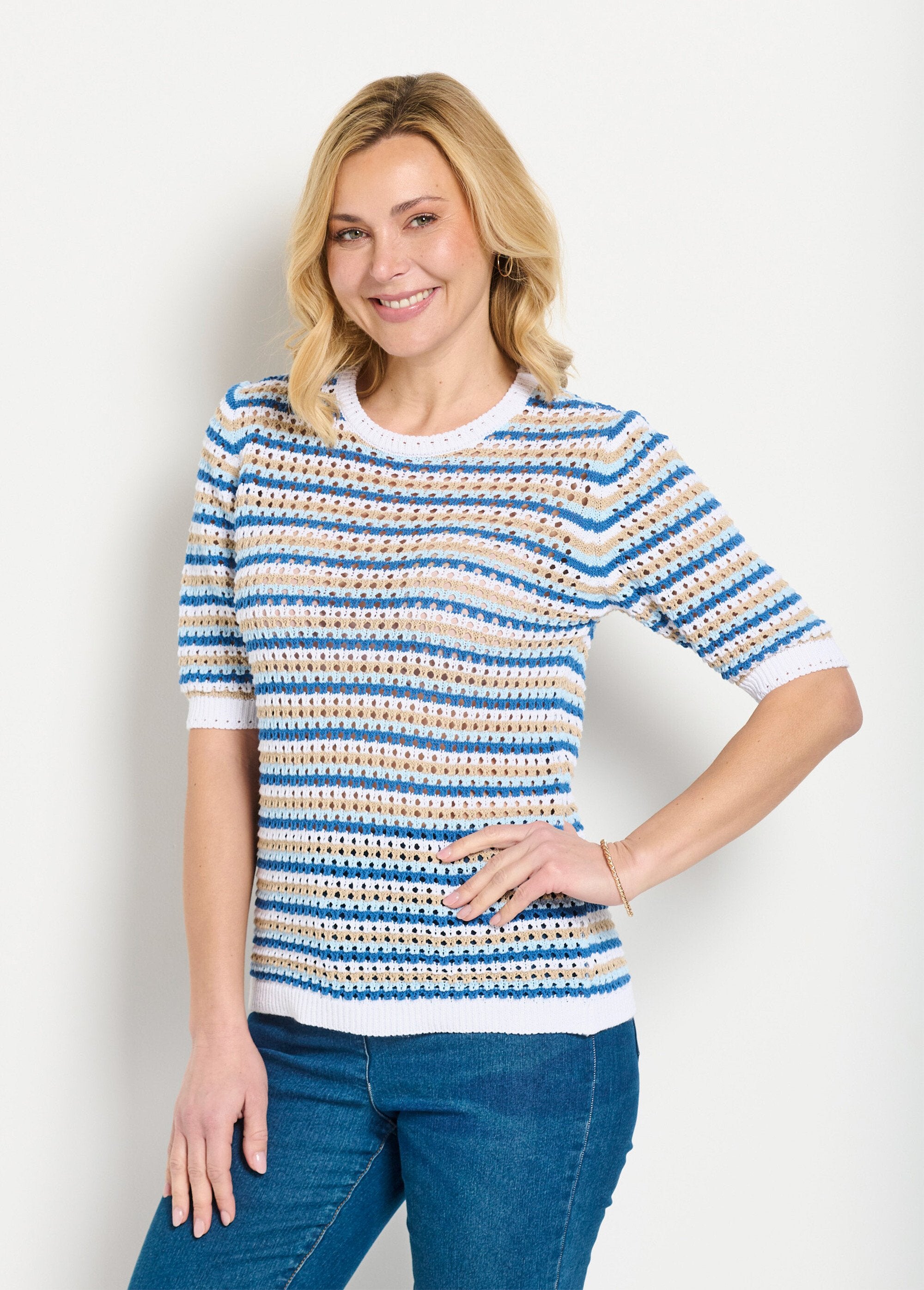 Soft_striped_openwork_short_sleeve_sweater_Blue_stripe_FA1_slim