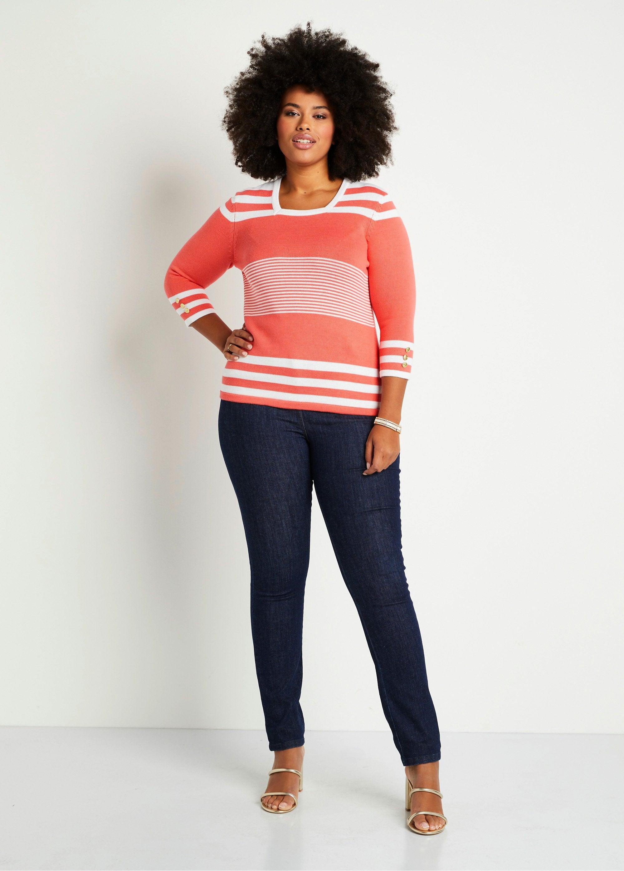 Striped_cotton_3/4_sleeve_sweater_Coral_and_white_SF1_curvy