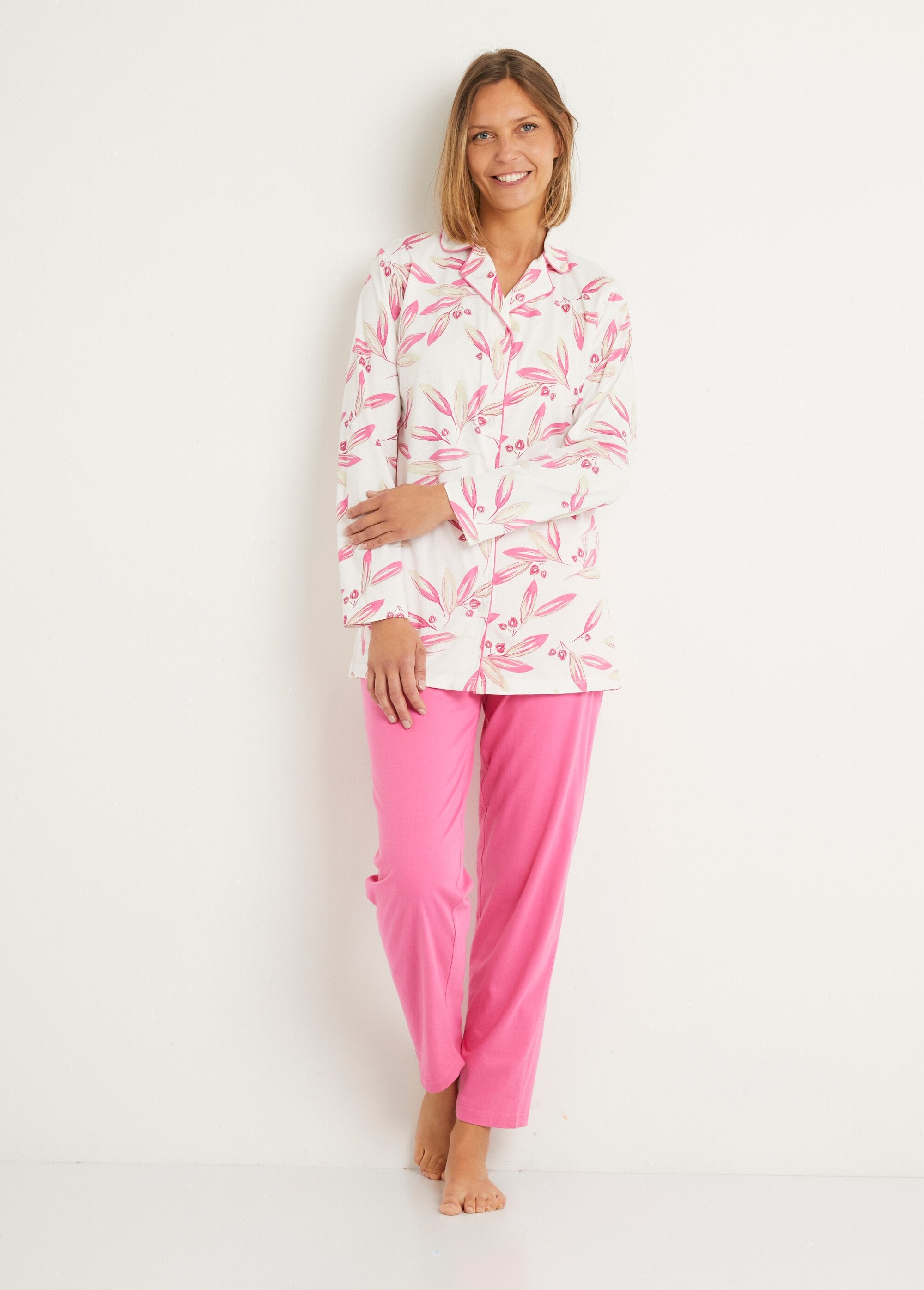 Printed_pyjamas_cotton_button-down_jacket_Pink_print_FA1_slim