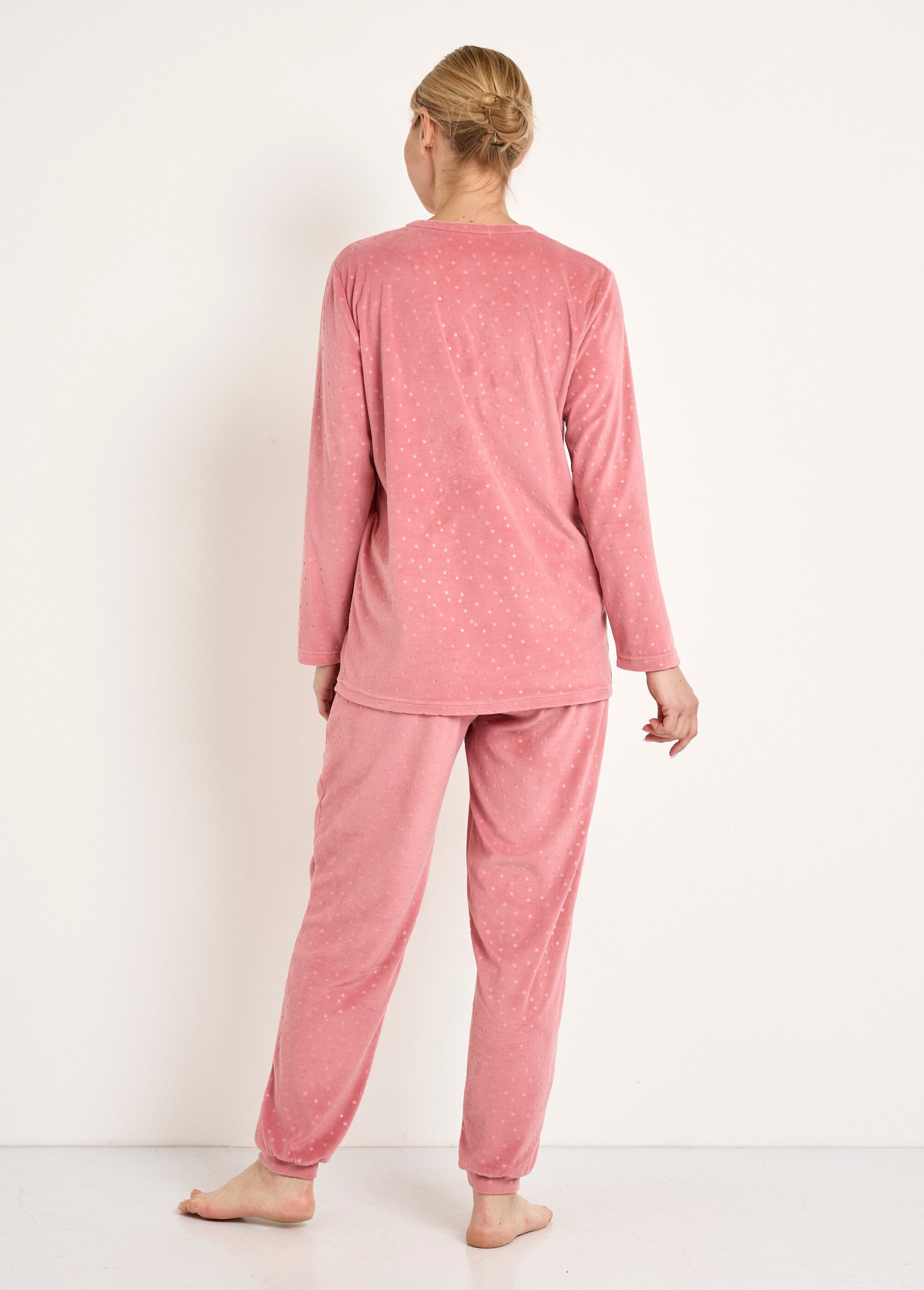 Pyjama_pantalon_col_rond_velours_embossé_pois_Rose_DO1_slim