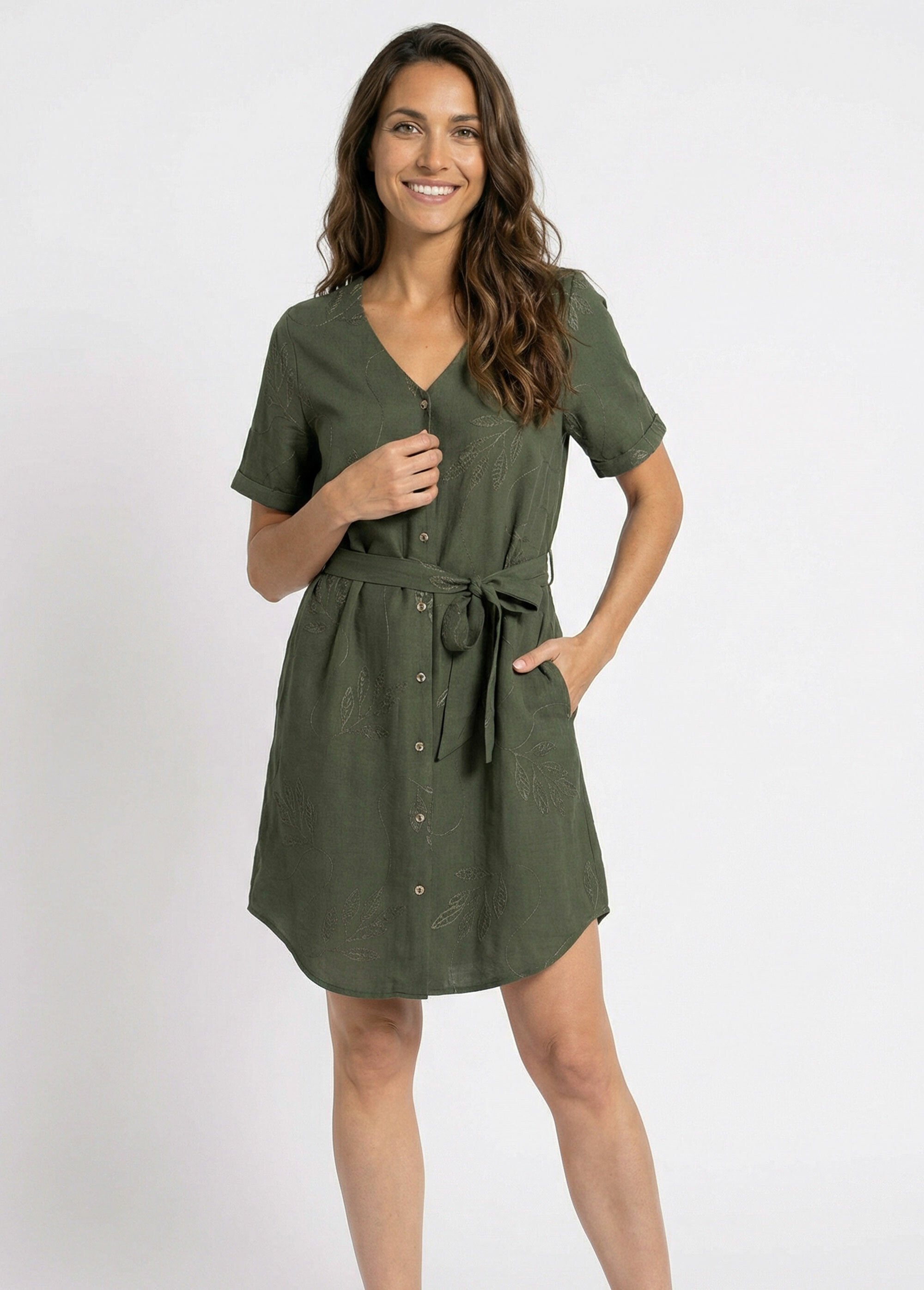 V-neck_shirt_dress,_embroidered_with_foliage_Khaki_FA1_slim