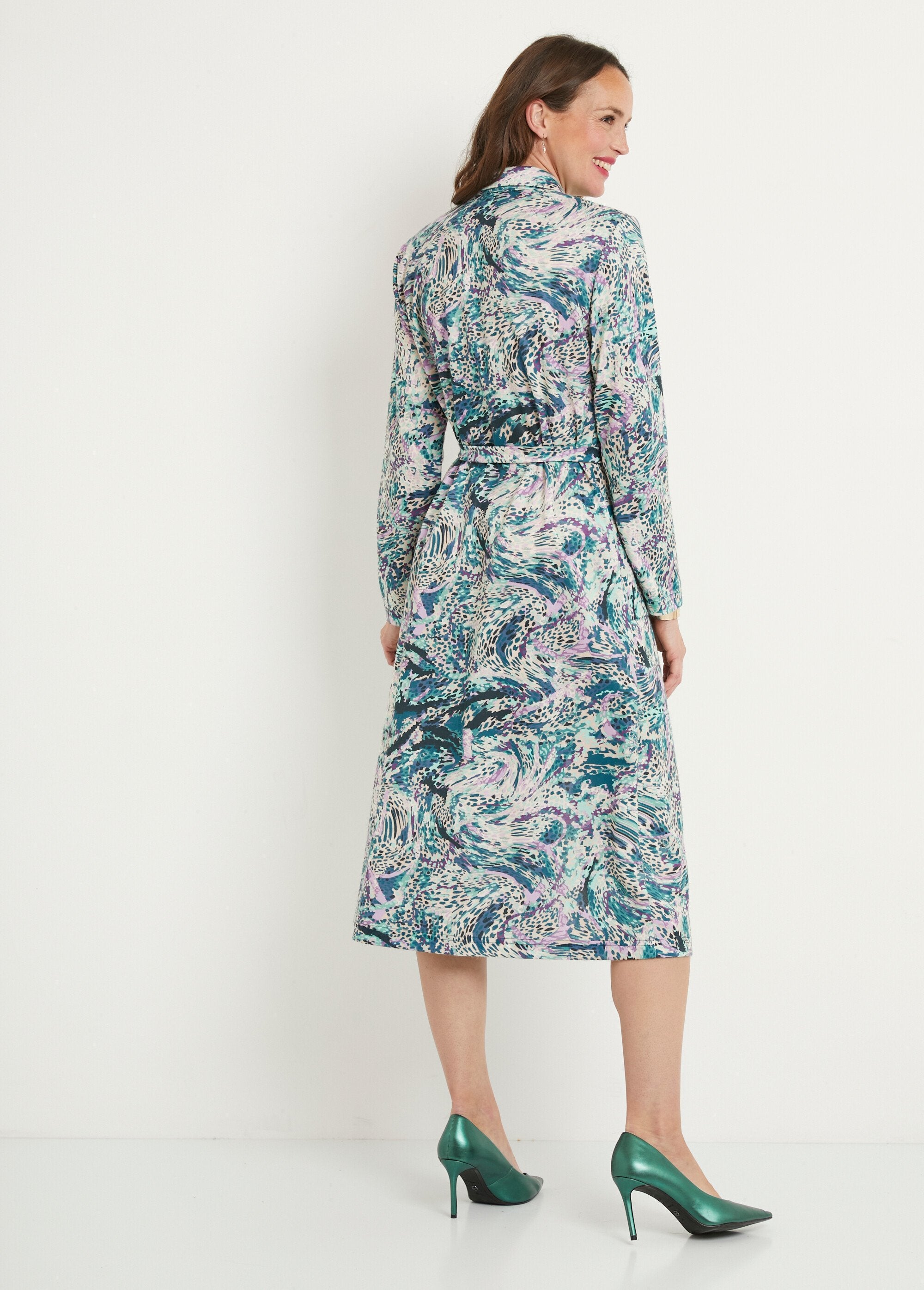 Printed_blouse_dress_with_mid-length_tailoring_collar_Green_and_pink_DO1_slim