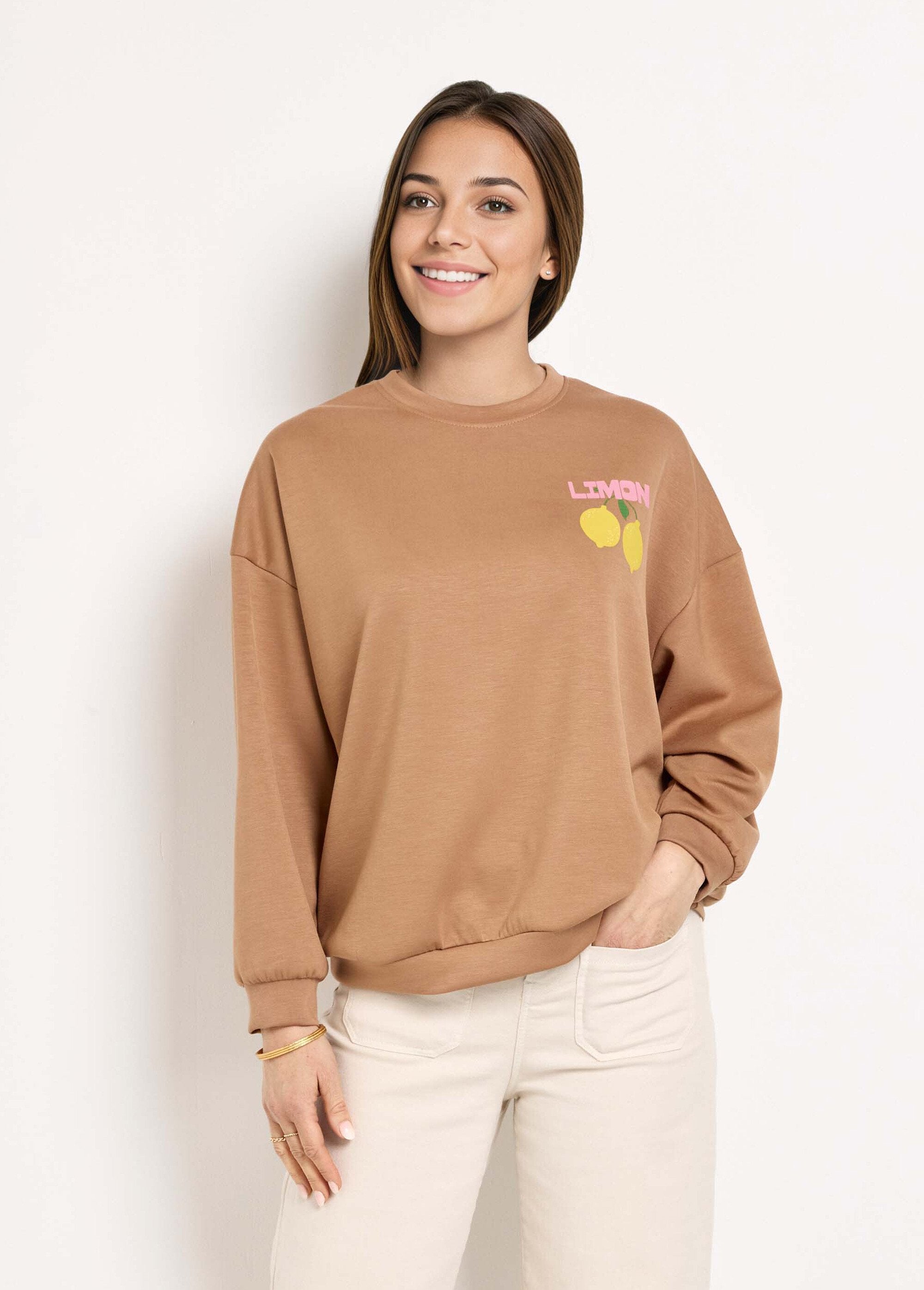 Round_neck_sweatshirt_with_orange_pattern_in_soft_knit_camel_FA1_slim