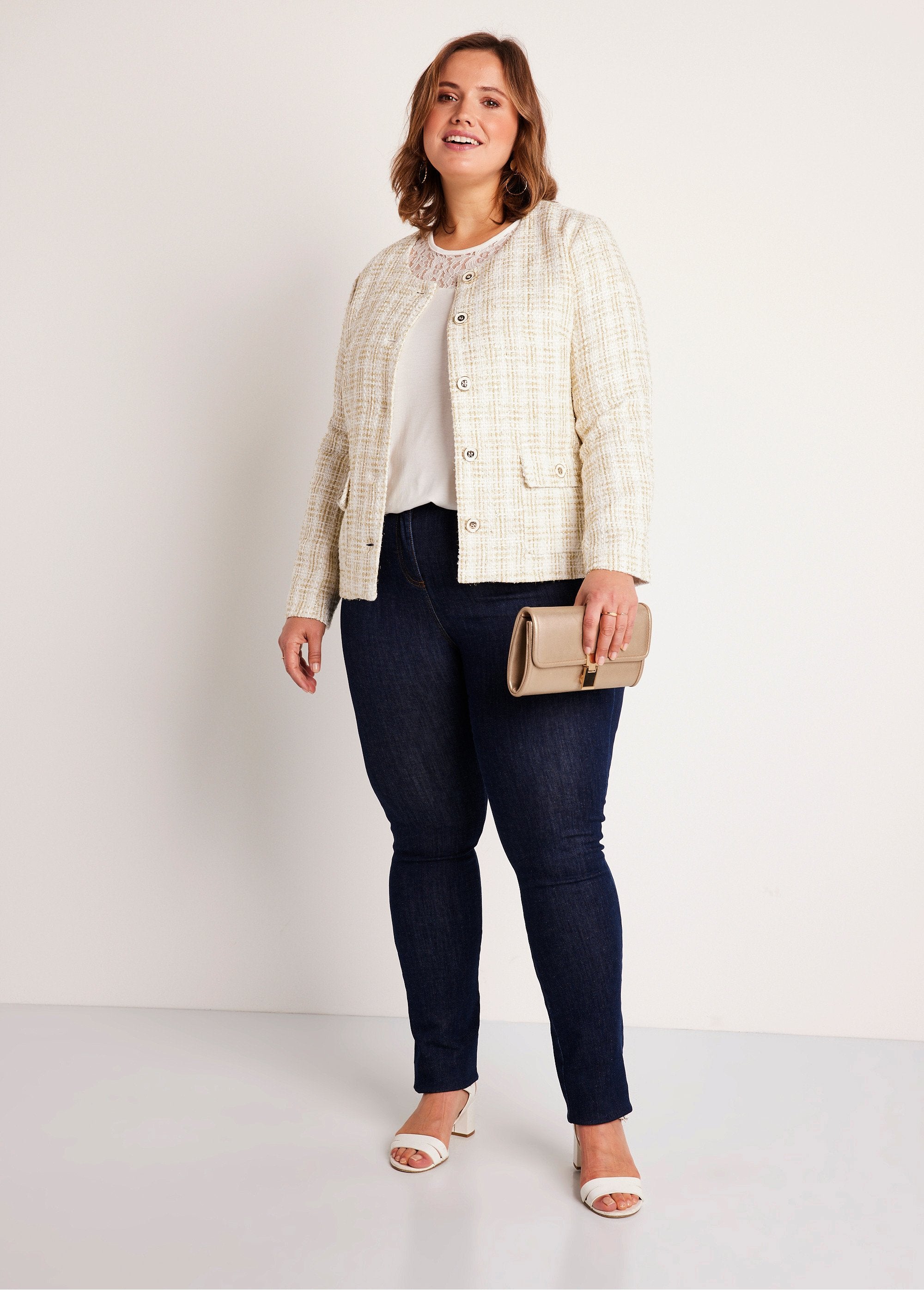 Short_collarless_jacket_in_tweed_effect_fabric_Natural_and_golden_SF1_curvy