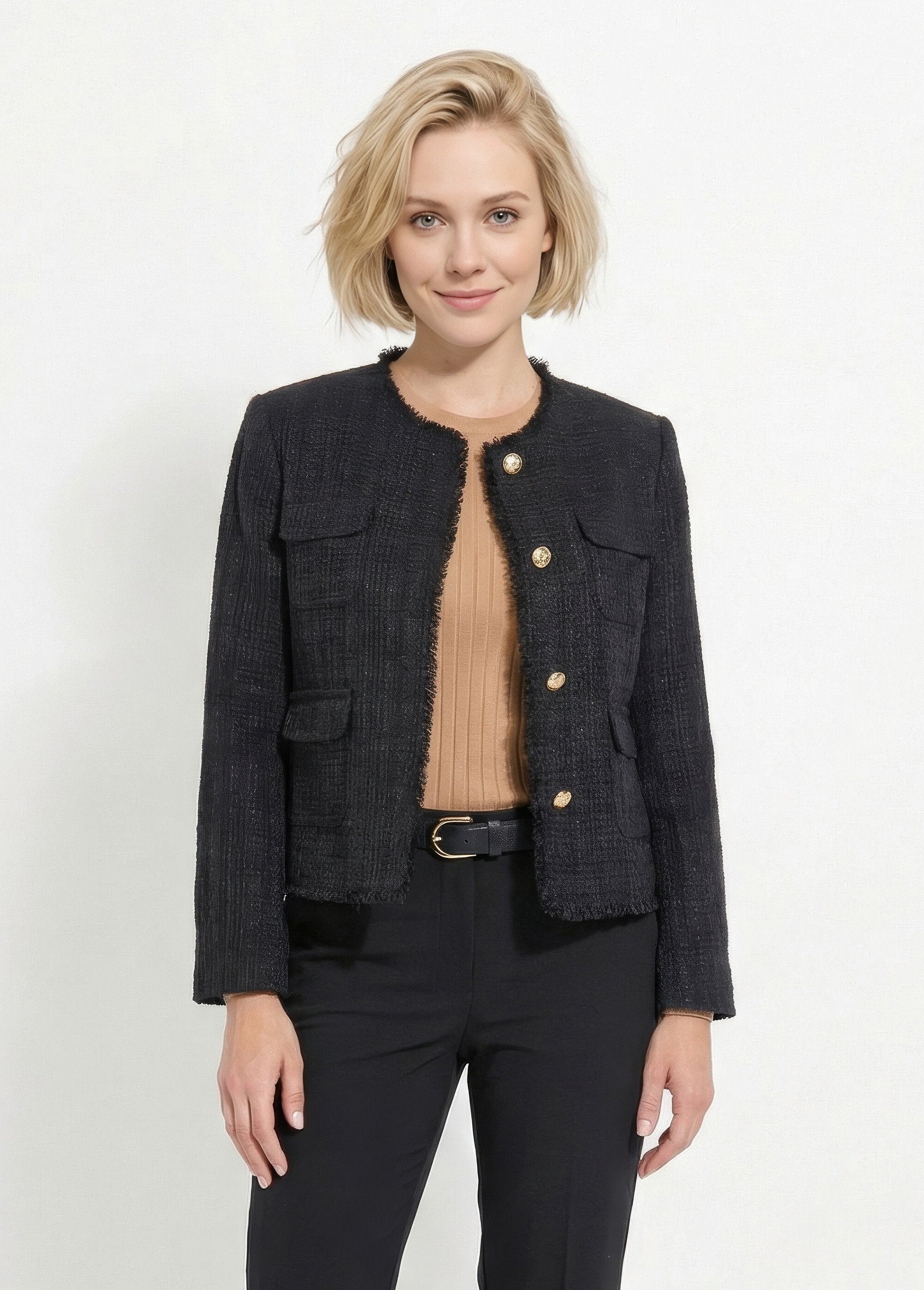 Fringed_button-down_collarless_tweed_jacket_Black_FA1_slim